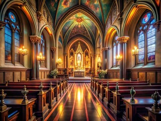 Fototapeta premium Long Exposure Capture of a Beautiful Religious Chapel with a Stunning Altar, Illuminated by Soft Candlelight, Creating a Serene and Spiritual Atmosphere in a Historic Setting