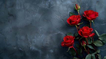 Red Roses on Dark Background: A cluster of vibrant red roses, their velvety petals glistening, artfully arranged on a dark, textured background, creating a dramatic and romantic atmosphere. 