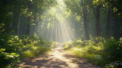 Fototapeta premium The sun is shining through the trees, casting a warm glow on the forest floor