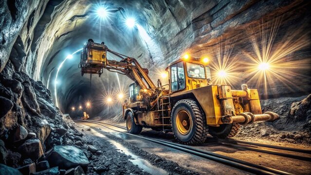 Long Exposure Capture of an Underground Mine Roadheader in Action, Showcasing the Drilling Head and Dynamic Motion in Ore Extraction Process Beneath the Surface