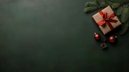 Joyful Holidays: Beautifully Wrapped Gifts with Red Ribbon, Festive Ornaments, and Pine Branches on Green Background