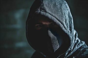 Mysterious figure shrouded in darkness wearing a hood and mask in an urban environment