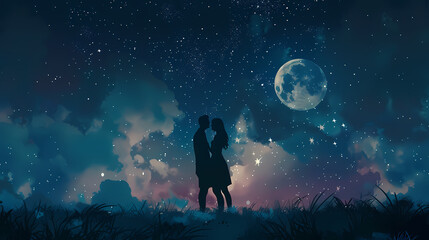 Obraz premium Starry Night Kiss: Silhouetted couple embracing under a vast, starlit sky with a luminous full moon, creating a romantic and dreamy atmosphere.