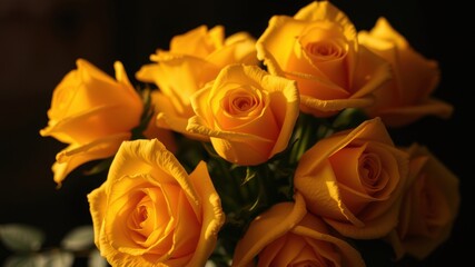 Naklejka premium Golden Yellow Roses Bloom in Soft Light, Capturing a Moment of Floral Beauty and Elegance