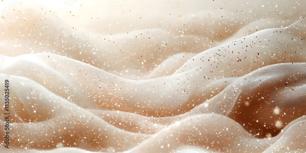 Poster an ethereal, abstract background featuring soft, flowing waves of beige and cream with sparkling gol