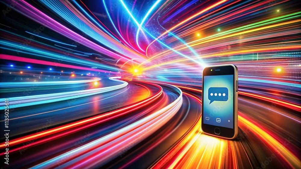 Aufkleber long exposure night scene of a smartphone displaying a messaging app with vibrant light trails and a