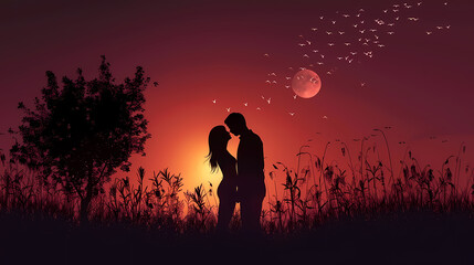 Silhouettes of Love at Sunset: Two figures stand embraced against the backdrop of a fiery sunset, their silhouettes creating a poignant image of romance and intimacy.