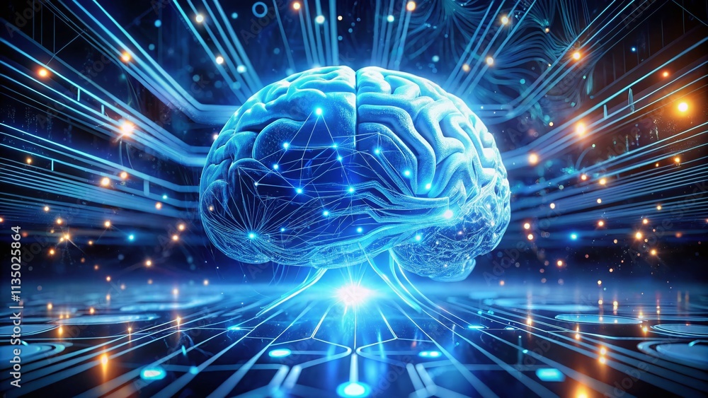Poster long exposure of a blue human brain with circuit lines representing artificial intelligence and neur