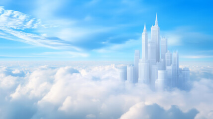 Fototapeta premium Fantasy city floating above clouds with blue sky