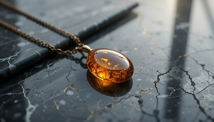 Glistening amber pendant on a marble surface, elegant and luxurious mood, close-up detail, natural beauty