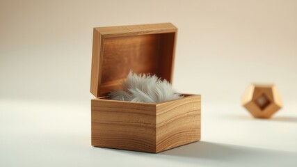 A delicately crafted wooden box with an open lid, revealing a soft white feather nestled inside, against a smooth, pale backdrop.