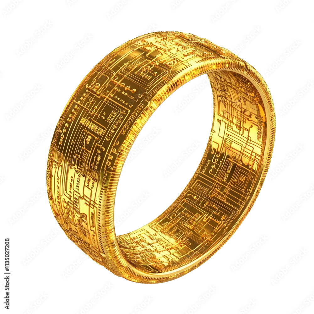 Poster a golden ring featuring intricate circuit-like patterns, showcasing a blend of technology and elegan
