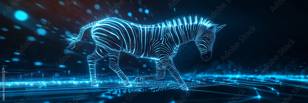 Poster a futuristic sports analytics icon linked to a glowing zebra, symbolizing online platforms studying 