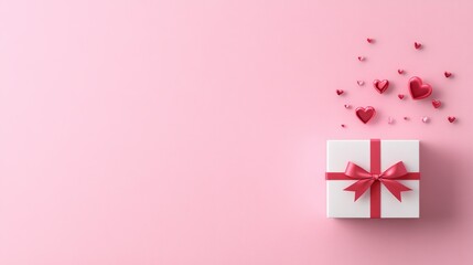 Romantic Gift Box with Hearts on Pink Background for Valentine's Day and Celebrations