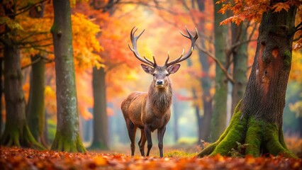 Long Exposure of a Young Stag Deer Amidst Vibrant Autumn Foliage in a Tranquil Woodland Setting, Capturing the Essence of Nature’s Beauty in a Serene Forest Environment