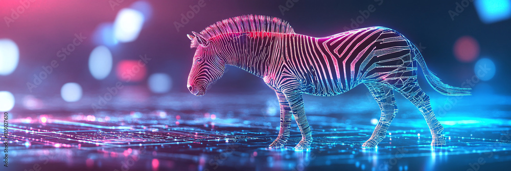 Poster a futuristic sports analytics icon linked to a glowing zebra, symbolizing online platforms studying 