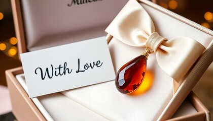 Elegant amber pendant in gift box with "With Love" card for special occasions and memorable gifts