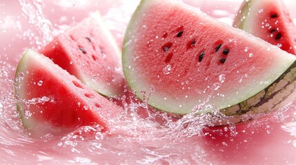 Juicy watermelon pieces splash with water, capturing the essence of summer refreshment