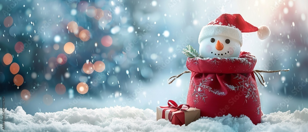 Poster over a setting of snowy, festive bokeh lighting, a snowman is holding a red sack full comprising mul