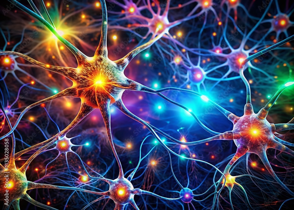 Poster long exposure of neurons connecting through electrochemical transmissions, showcasing the intricate 