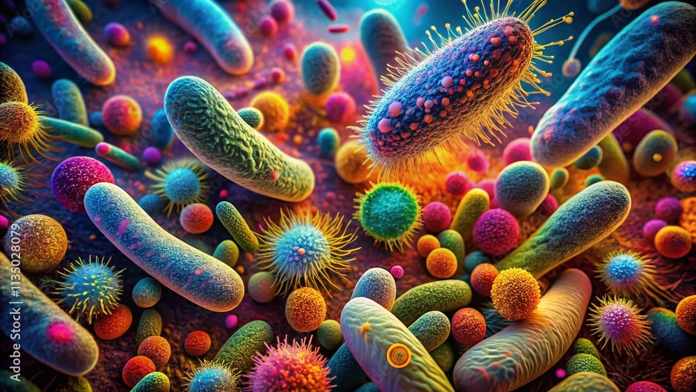 Poster long exposure of microscopic probiotic bacteria in biological science, showcasing their unique shape
