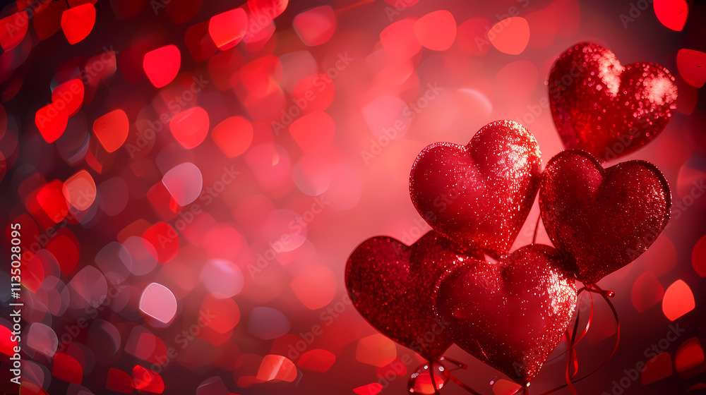 Poster red heart cluster: a cluster of glittering red hearts against a bokeh background of romantic red and