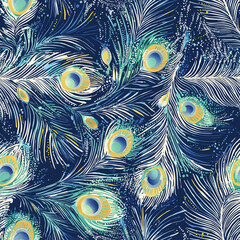 A vibrant peacock feather pattern in shades of blue, green, and yellow, creating a textured and visually captivating design.