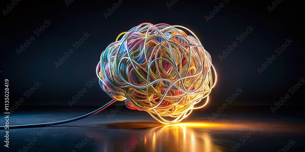 Poster long exposure of tangled scribble brain doodle outline in ink sketch, abstract design element captur