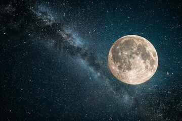 Fototapeta premium The full moon shines brightly, casting a luminous glow in the night sky filled with countless stars and the sweeping arc of the Milky Way galaxy.