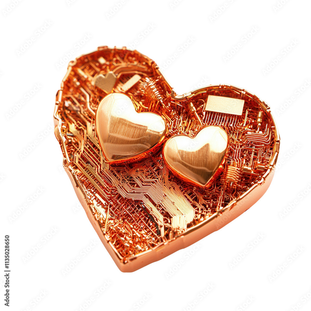 Poster a heart-shaped object featuring intricate circuitry, with two smaller hearts embedded within, convey