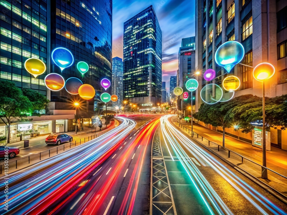 Poster long exposure photography capturing vibrant speech bubbles in a dynamic urban setting with light tra