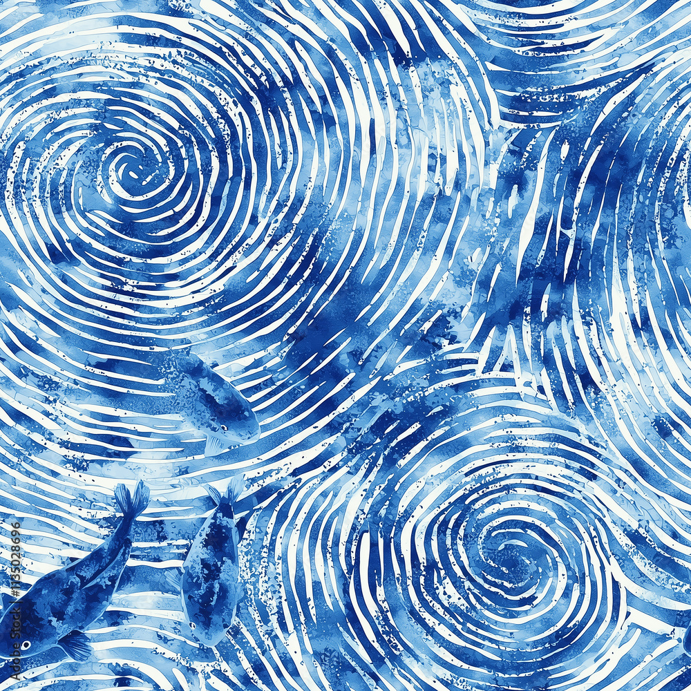 Poster a textured blue pattern featuring swirling lines and abstract fish, evoking a sense of movement and 