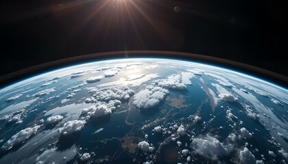 Earth from space with clouds and sunlight, stunning view, natural beauty
