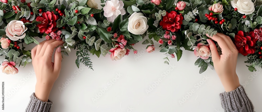 Poster an image of a lady creating a christmas wreath over a stark white setting and embellishing it via mu