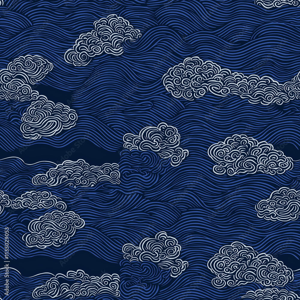 Poster a serene pattern featuring swirling clouds against a deep navy background, creating a calming and el