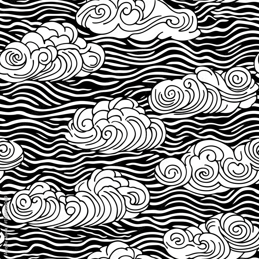 Aufkleber a monochromatic design featuring swirling clouds and wavy lines, creating a dynamic and artistic pat