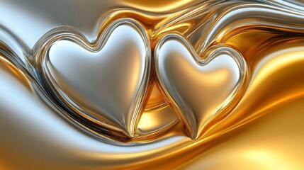 Two Metallic Hearts Resting on Golden Waves