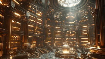 Obraz premium Futuristic Golden Library: A Circular Hall of Illuminated Bookshelves and Central Orb