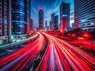 Fototapeta premium Long Exposure Photography of Red Lines Creating Dynamic Light Trails in a Night Cityscape, Showcasing Movement and Energy in Urban Environment