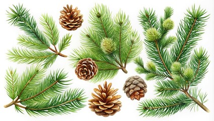 Fototapeta premium Vector Winter Evergreen Pine Tree Set - Handdrawn Christmas Collection with Pine Needles and Pine Cones for Natural Design Elements and Cute Plant Illustrations
