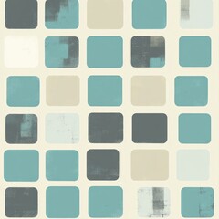 Abstract geometric pattern with teal, gray, and beige squares on cream background.