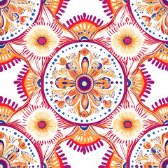 A vibrant, floral mandala pattern featuring circular designs in bright colors, creating an eye-catching and artistic visual effect.