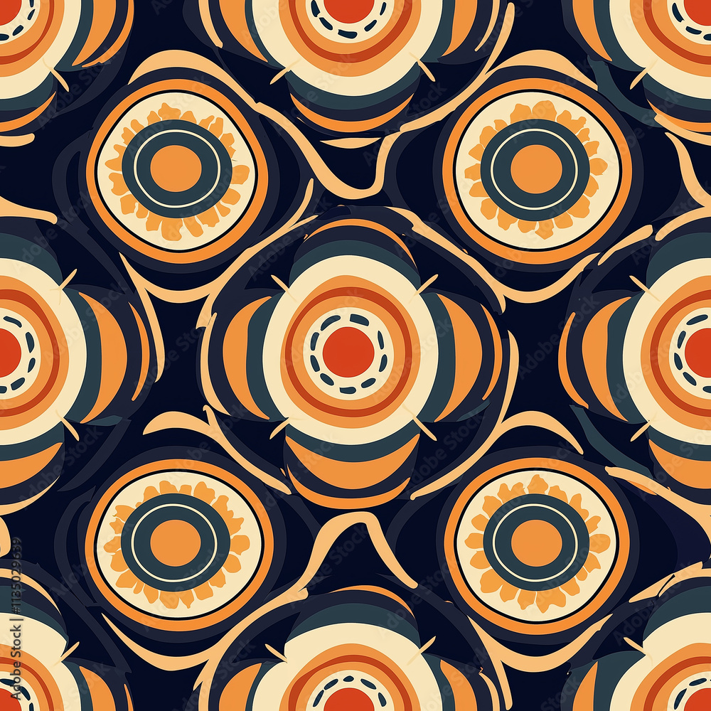 Poster a vibrant, circular pattern featuring bold colors and layered designs, creating a striking visual ef