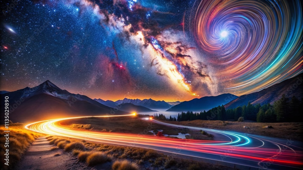 Poster long exposure visualizing quantum enlightenment with ethereal light trails and cosmic elements in a 
