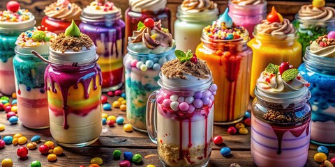 Fototapeta premium Long Exposure Sweet Dessert Jar of Milkshake and Smoothies Pattern Design, Featuring Colorful Layers and Tasty Toppings for a Whimsical Culinary Experience