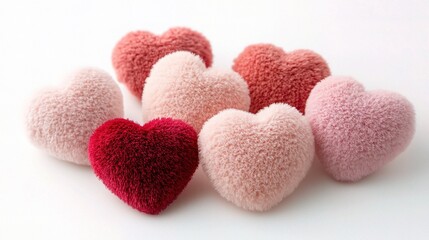 Fototapeta premium Love in Bloom: A cluster of plush hearts in varying shades of pink and red, creating a soft and romantic ambiance. Perfect for Valentine's Day, wedding, or love-themed projects.