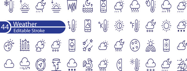 Weather and meteorology editable stroke outline icons set isolated on white background flat vector illustration.