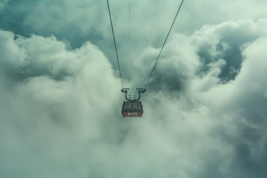 A vibrant red cable car ascends high above the mountain range, surrounded by thick clouds, creating a mystical atmosphere on a foggy day.