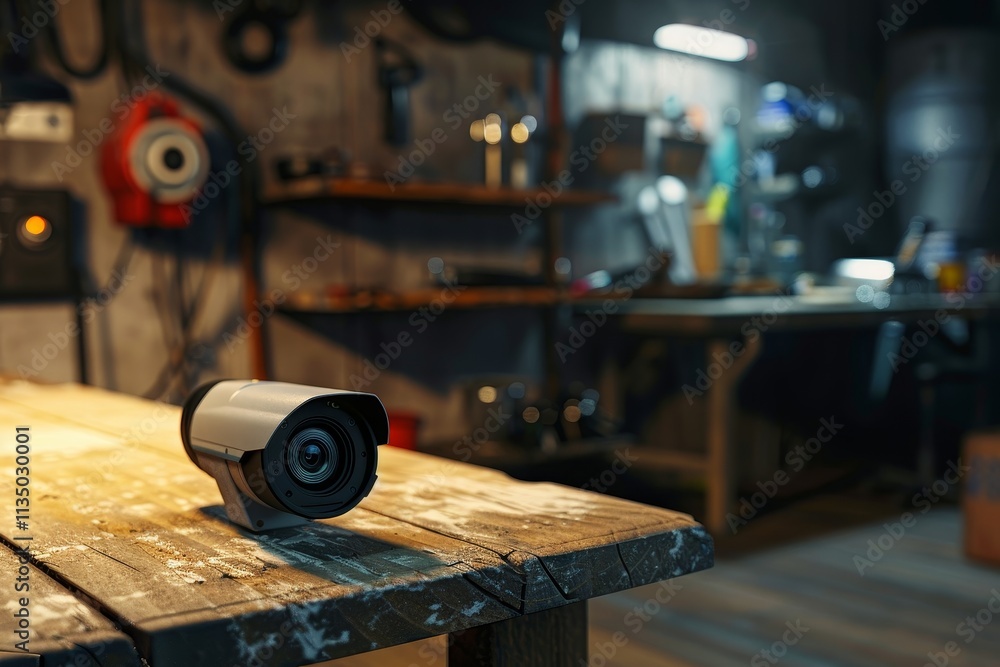 Poster a security camera is positioned on a rustic wooden workbench, surrounded by dim lighting and various