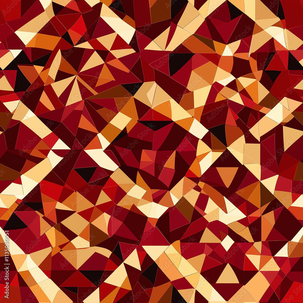 Poster a vibrant abstract pattern of interlocking triangles in shades of red, orange, and cream, creating a